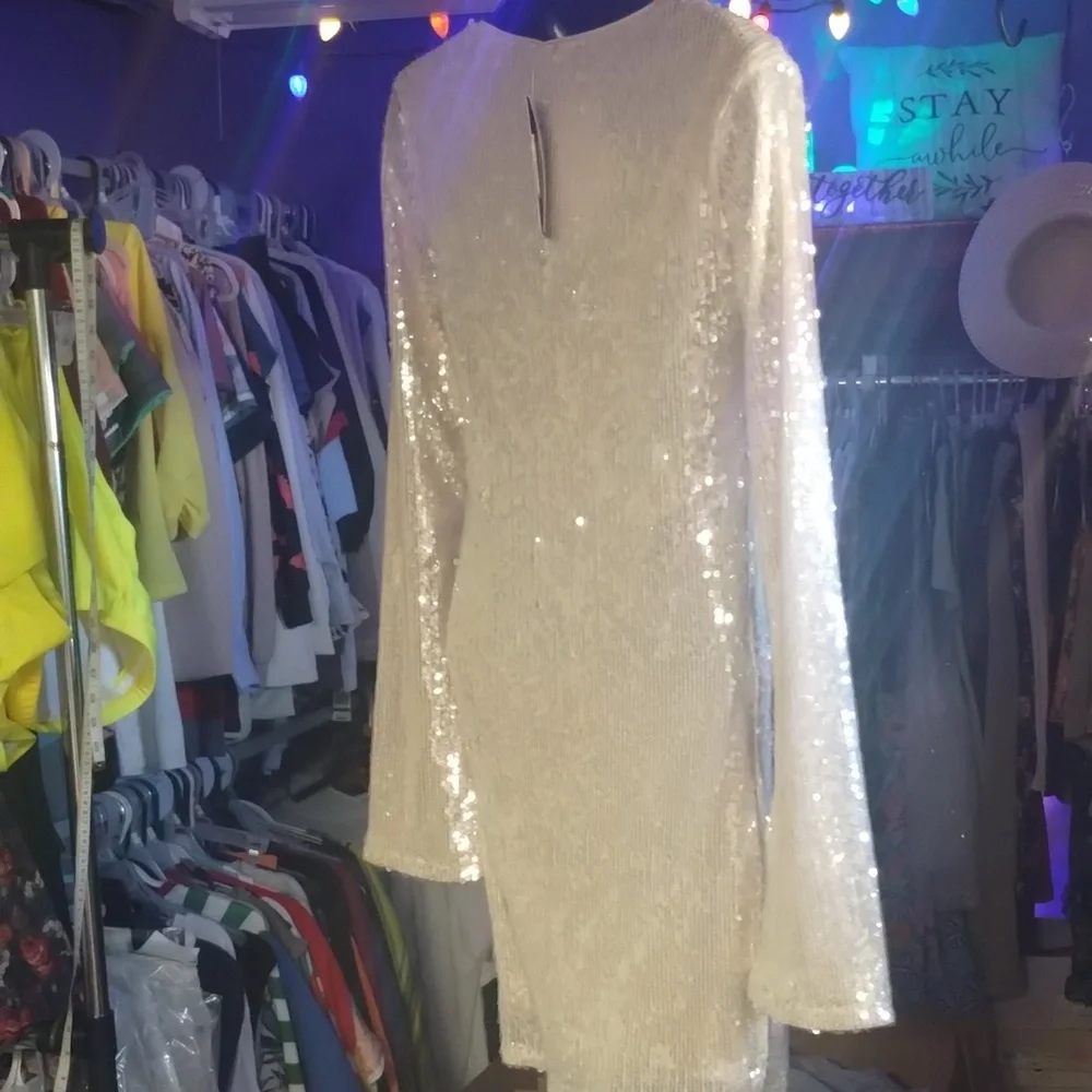 Off White Sequin Long Sleeve Dress - Picture 4 of 4